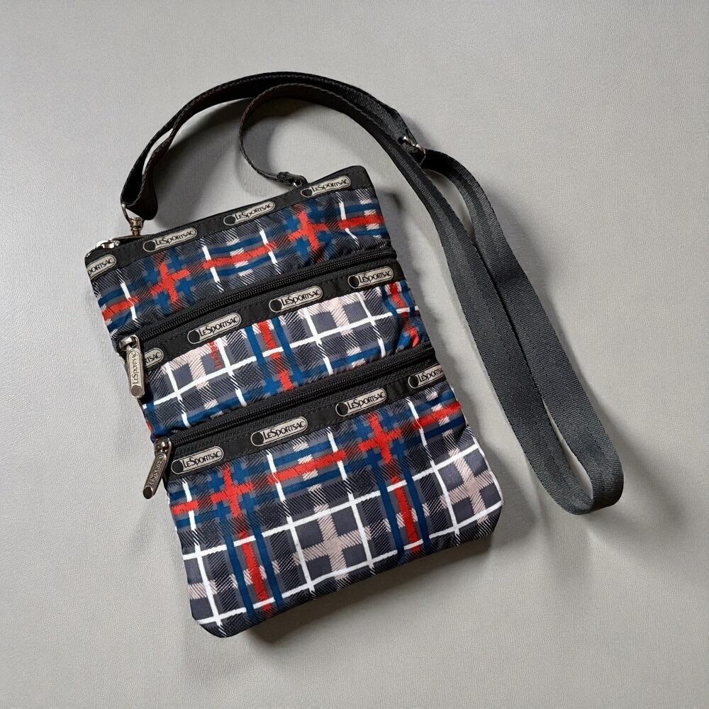 LeSportsac 3-Zip Adjustable Crossbody Bag Travel Small Multi-Color Plaid Nylon